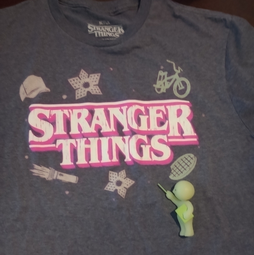 Blue navy pink letter stranger things TV show M unisex men's women's T-shirt